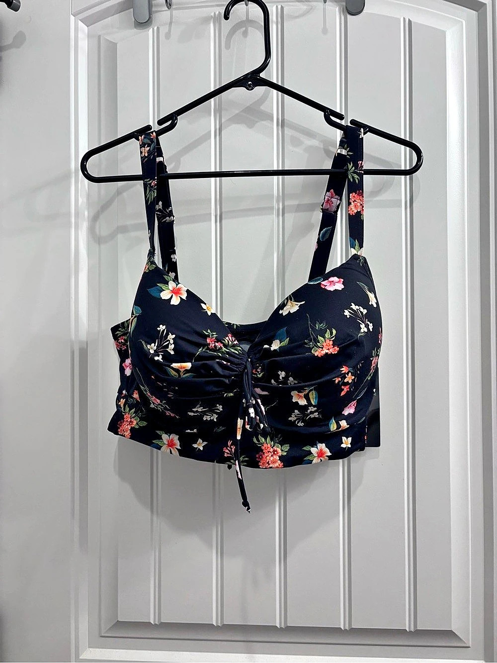 Swimsuits For All Bra Sized Tie Front Longline Underwire Bikini Top Floral Black